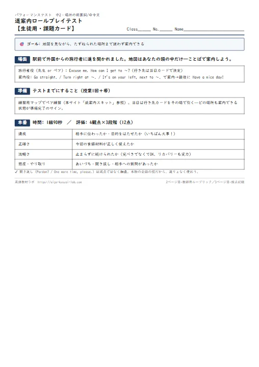 道案内ロールプレイテスト（課題カード・ルーブリック・採点表つき） のプリント1ページ目（PDFの実物イメージ）