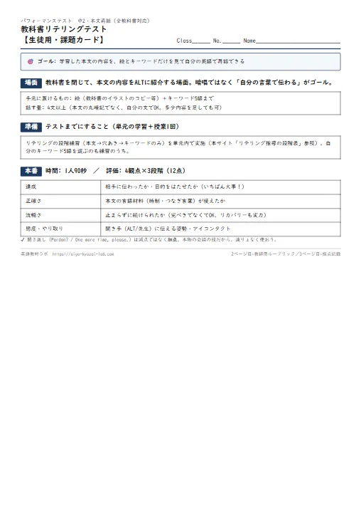 教科書リテリングテスト（課題カード・ルーブリック・採点表つき） のプリント1ページ目（PDFの実物イメージ）