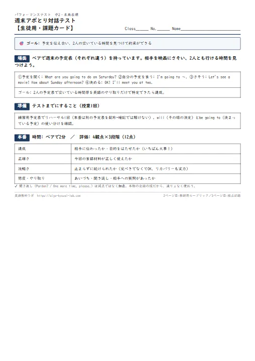 週末アポとり対話テスト（課題カード・ルーブリック・採点表つき） のプリント1ページ目（PDFの実物イメージ）