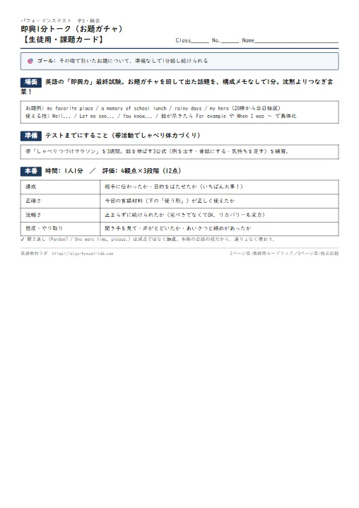 即興1分トーク（お題ガチャ）（課題カード・ルーブリック・採点表つき） のプリント1ページ目（PDFの実物イメージ）