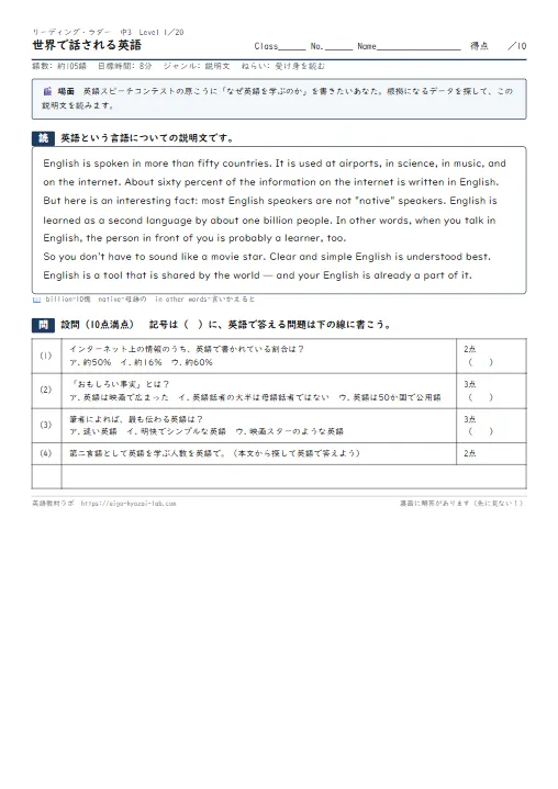 リーディング・ラダー中3（初見読解の10分小テスト・Level 1〜20×3シートの60枚・入試対応） のプリント1ページ目（PDFの実物イメージ）