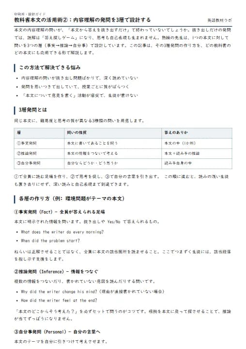 教科書本文の活用術②：内容理解の発問を3層で設計する のプリント1ページ目（PDFの実物イメージ）