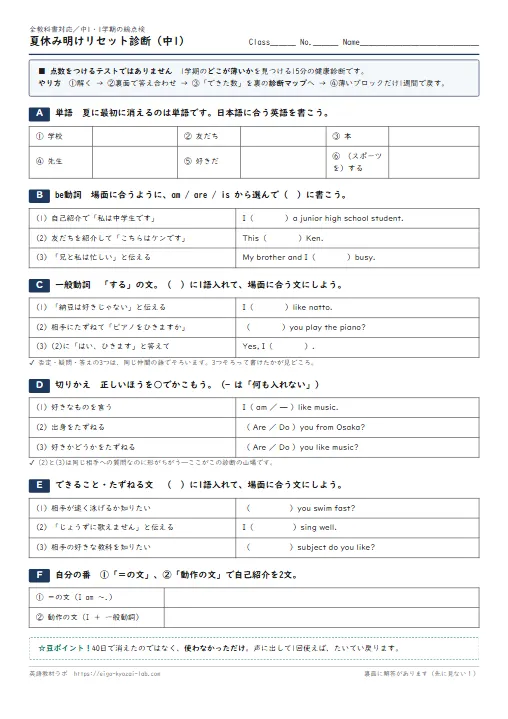 夏休み明けリセット診断 中1（1学期の総点検15分・学び直しの処方箋つき） のプリント1ページ目（PDFの実物イメージ）
