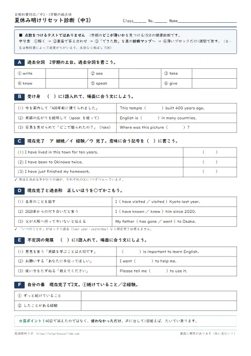 夏休み明けリセット診断 中3（1学期の総点検15分・学び直しの処方箋つき） のプリント1ページ目（PDFの実物イメージ）