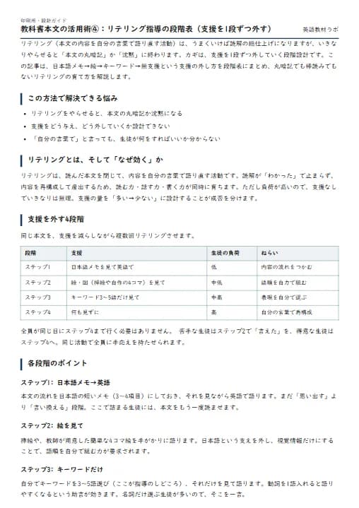 教科書本文の活用術④：リテリング指導の段階表（支援を1段ずつ外す） のプリント1ページ目（PDFの実物イメージ）