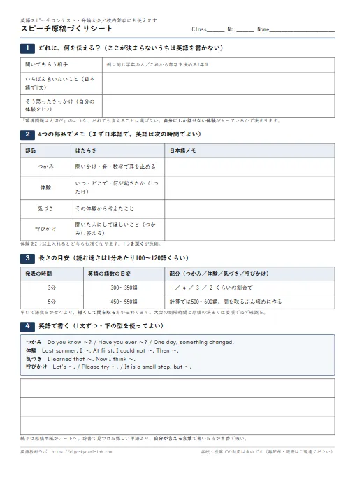 スピーチ原稿づくりシート（英語弁論大会・校内スピーチ｜4週間の指導手順つき） のプリント1ページ目（PDFの実物イメージ）