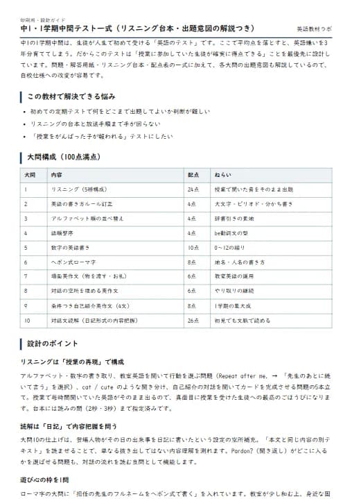 中1・1学期中間テスト一式（リスニング台本・出題意図の解説つき） のプリント1ページ目（PDFの実物イメージ）