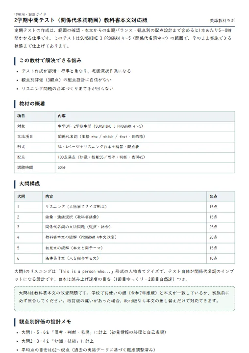 2学期中間テスト（関係代名詞範囲）教科書本文対応版 のプリント1ページ目（PDFの実物イメージ）