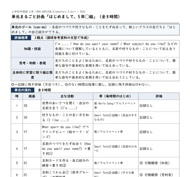 単元まるごと計画のWord版を開いたところ。評価規準の表と、全8時間の流れの表が編集できる状態で並んでいる