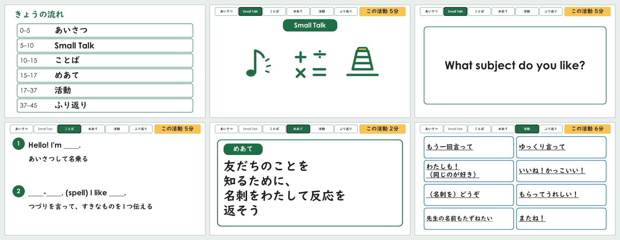 小5「自己紹介・名前のつづり」第6時の45分スライドから6枚を並べた見本