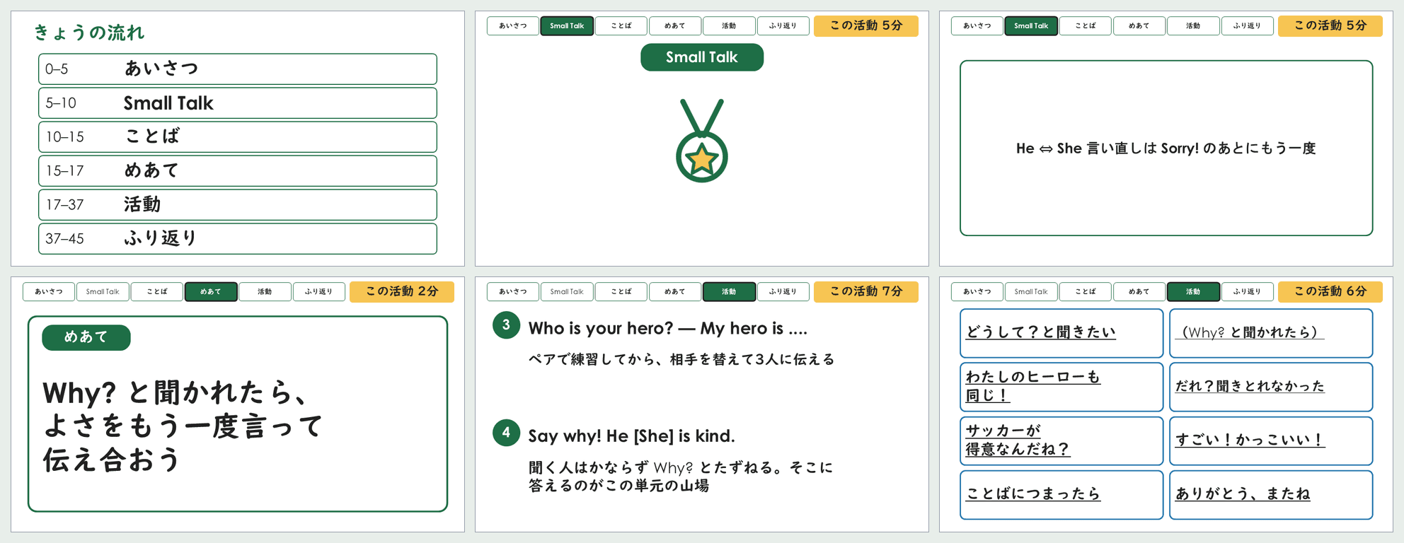 小5「あこがれの人」第6時の45分スライドから6枚を並べた見本