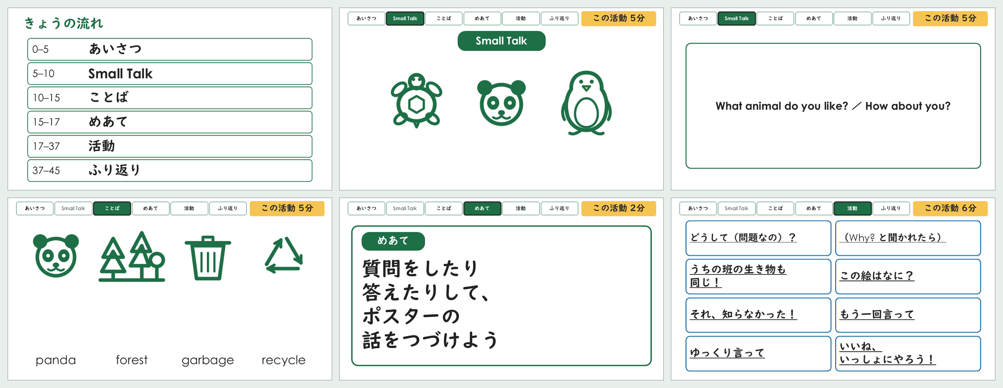 小6「生き物と環境」第6時の45分スライドから6枚を並べた見本