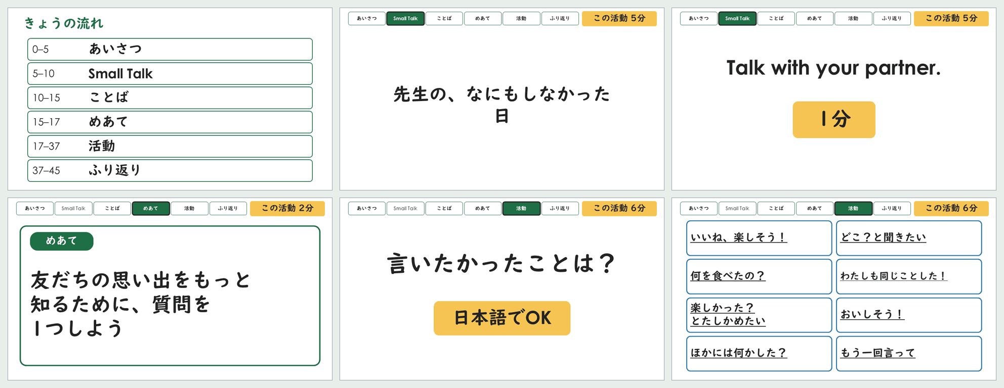 小6「週末・過去の表現」第6時の45分スライドから6枚を並べた見本
