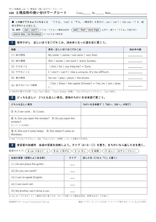 can と現在形の使い分けワークシート(目印さがし→どっちも正しい→実答案の診療所→ふくらませる・解答つき) のプリント1ページ目(PDFの実物イメージ)