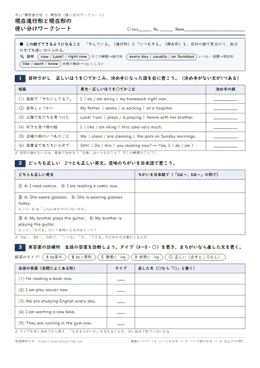 現在進行形と現在形の使い分けワークシート(目印さがし→どっちも正しい→実答案の診療所→ふくらませる・解答つき) のプリント1ページ目(PDFの実物イメージ)