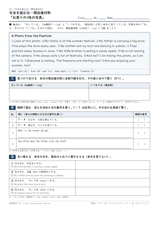 文法を読む 現在進行形「お祭りの1枚の写真」(本文に進行形8回・現在形3回→見つけて分ける→根拠で読む→言い換える→パラレルライティング→1分リテリング・全訳と解答つき) のプリント1ページ目(PDFの実物イメージ)