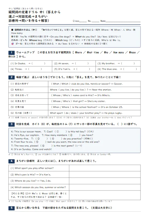 疑問詞の定着ドリル 中1版(答えから選ぶ→対話完成→まちがい診療所→答えから問いを作る・解答つき) のプリント1ページ目(PDFの実物イメージ)