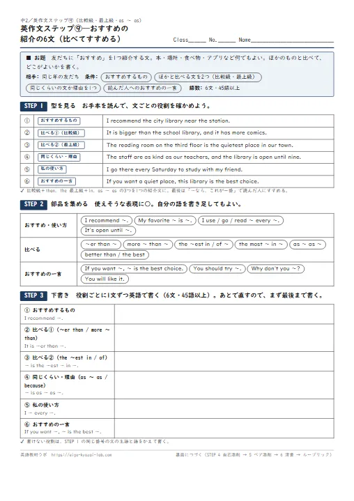 英作文ステップ おすすめの紹介の6文——比べてすすめる(型→表現バンク→下書き→添削記号で自己添削→ペア添削→清書→ルーブリック・模範解答2本つき) のプリント1ページ目(PDFの実物イメージ)