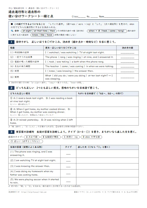 過去進行形と過去形の使い分けワークシート——線と点(目印さがし→どっちも正しい→実答案の診療所→ふくらませる・解答つき) のプリント1ページ目(PDFの実物イメージ)