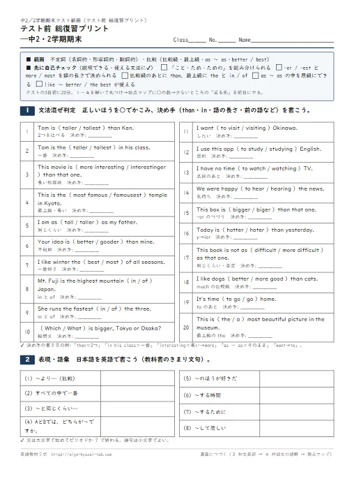 テスト前 総復習プリント 中2・2学期期末(不定詞3用法・比較級・最上級・as 〜 as の混ぜ判定→表現→和文英訳→対話文→弱点マップ・解答つき) のプリント1ページ目(PDFの実物イメージ)