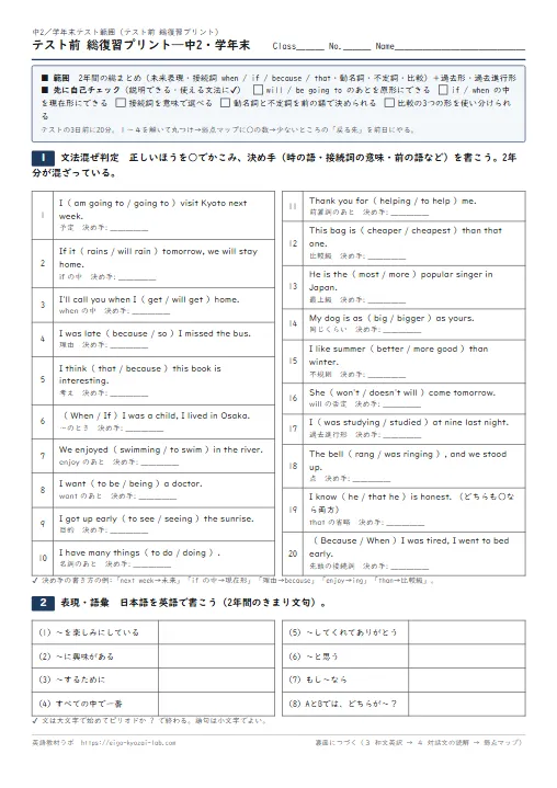 テスト前 総復習プリント 中2・学年末(2年間の総まとめ: 未来・接続詞・動名詞・不定詞・比較の混ぜ判定→表現→和文英訳→対話文→弱点マップ・解答つき) のプリント1ページ目(PDFの実物イメージ)