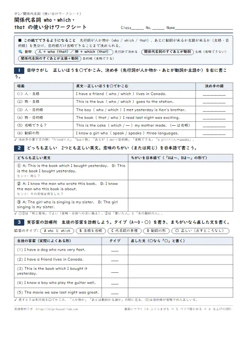 関係代名詞 who・which・that の使い分けワークシート——主格・目的格・省略(目印さがし→どっちも正しい→実答案の診療所→ふくらませる・解答つき) のプリント1ページ目(PDFの実物イメージ)