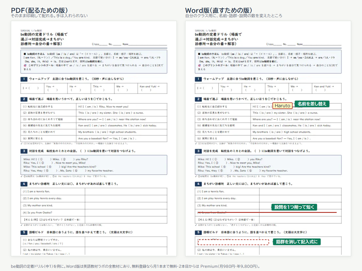 左: PDFのまま。右: Word版で、登場人物の名前を自分のクラスの生徒に、語群を消して記入式に、設問を1つ削って時間を短く、と直した例